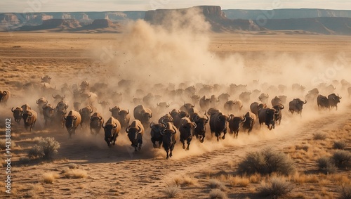 Aerial view of a dusty buffalo stampede