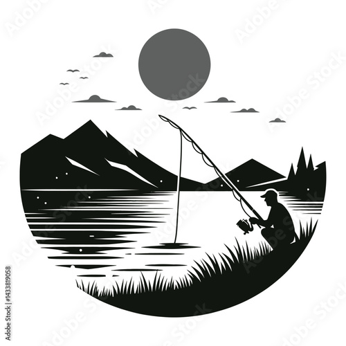 Silhouette of a boat on the sea and lake in vector style, simple black design for fishing and sport icon, with a clear sky background
