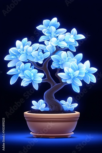 Glowing blue bonsai tree in a brown pot against a dark background
