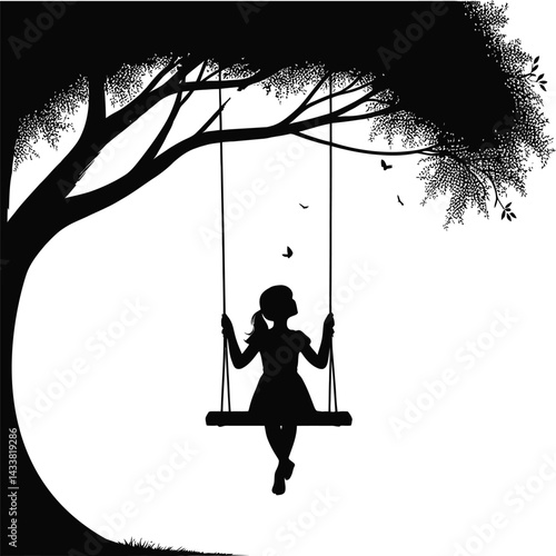 Silhouette of a girl and boy on swings in a park surrounded by nature, with a peaceful spring landscape, grass, and trees, capturing the essence of childhood happiness and family love