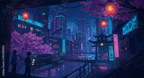 Fototapeta Naklejka Na Ścianę i Meble -  Neon Blossom's Embrace AI Generated