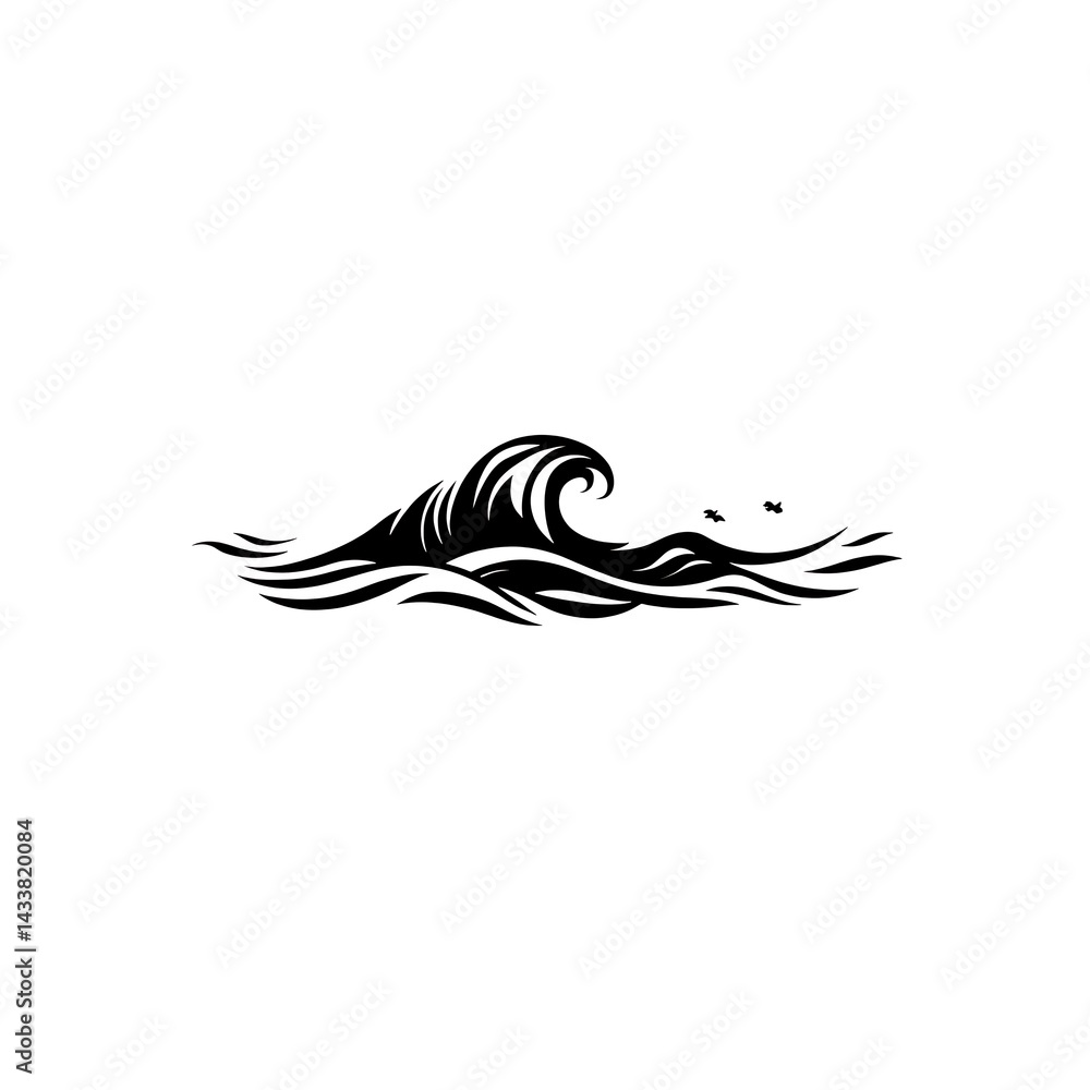 Fototapeta premium Stylized Black Wave Design With Birds Flying Above