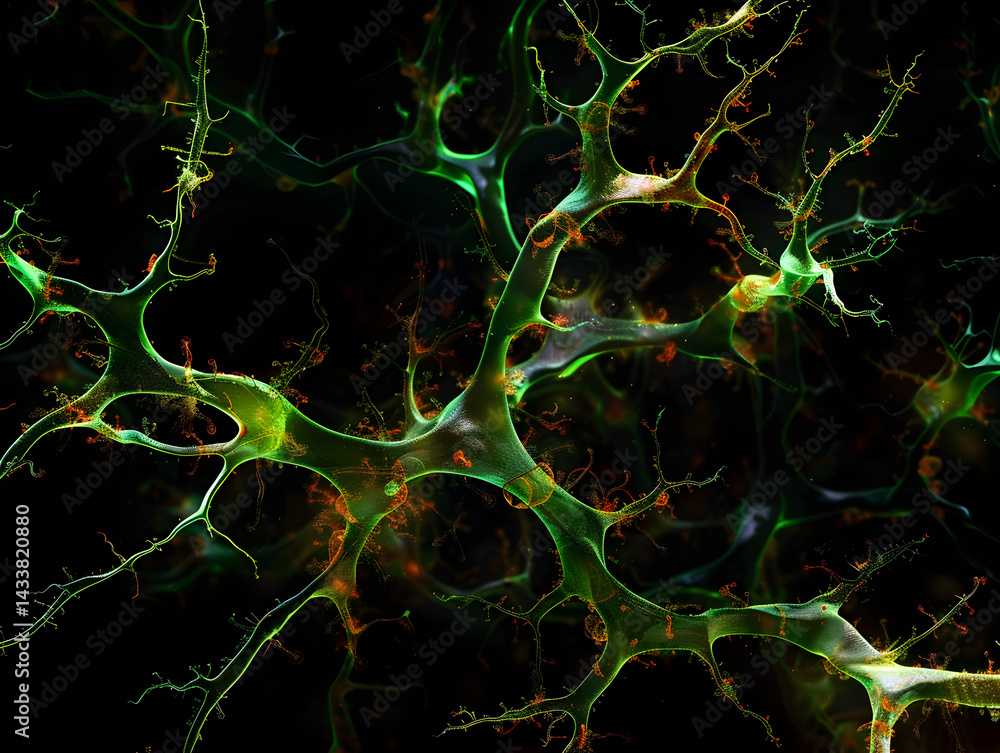 Naklejka premium Intricate abstract illustration of neural connections with glowing green tendrils against a dark background, showcasing complexity and beauty.