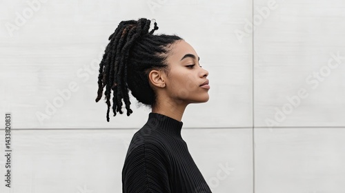 A woman with long, dark braided hair stands in profile against a light background.