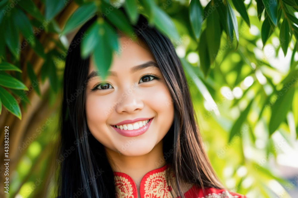 Smiling Asian Woman in Traditional Dress Among Lush Leaves