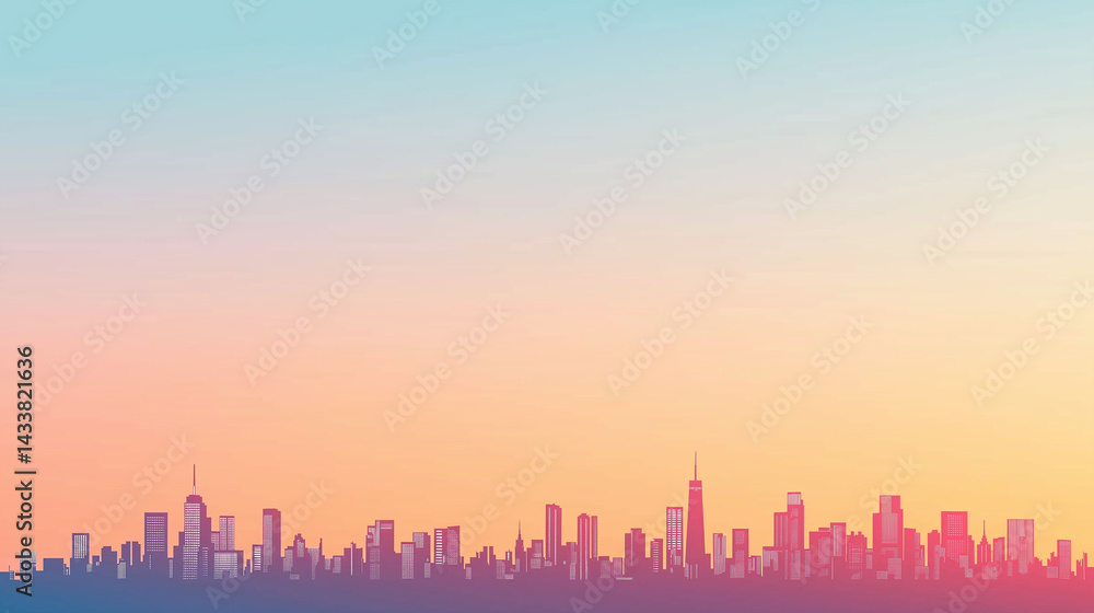 Fototapeta premium City Skyline at Sunset: A picturesque cityscape silhouette against a vibrant sunset sky. The warm hues of the sky create a sense of peace and tranquility.