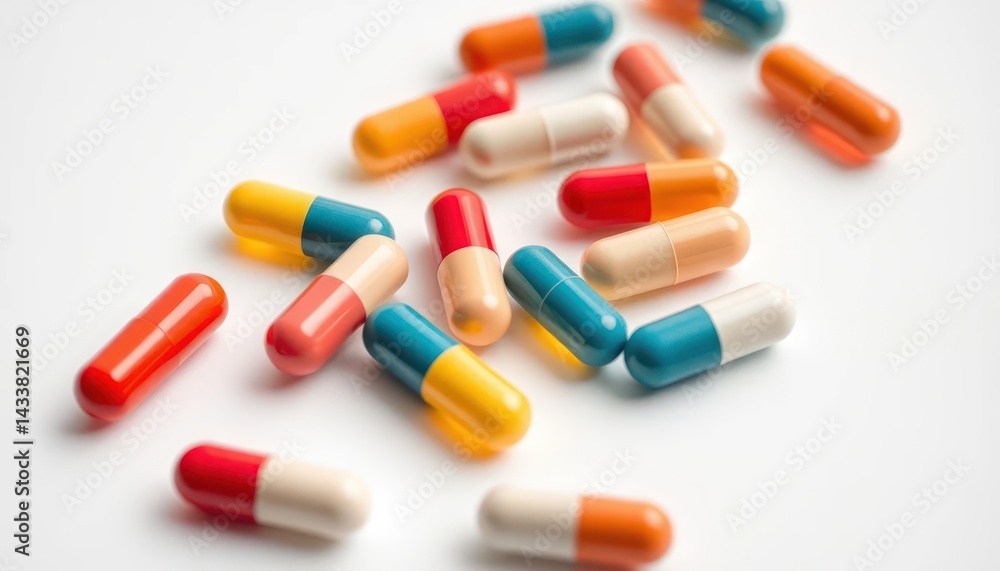 Colorful pills scattered on white surface Colorful pills scattered on white surface