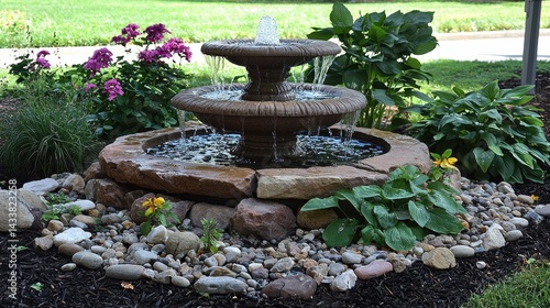 Tranquil Garden Fountain Surrounded by Colorful Flowers and Rocks