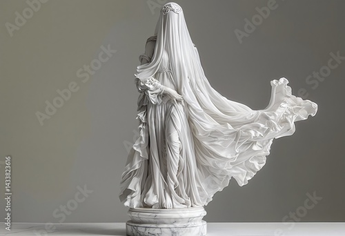 a delicate marble statue of a veiled woman stands gracefully on a cylindrical pedestal against a muted green backdrop.