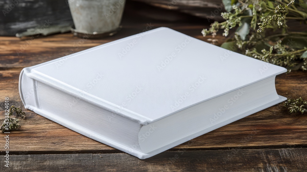 Fototapeta premium White Textured Photo Album on Rustic Wooden Table
