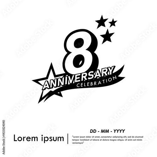8th years anniversary celebration emblem. black anniversary logo isolated with ribbon and stars on white background. vector illustration template design for web, flyers, poster, greeting card