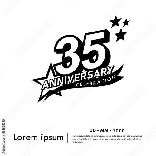 35th years anniversary celebration emblem. black anniversary logo isolated with ribbon and stars on white background. vector illustration template design for web, flyers, poster, greeting card