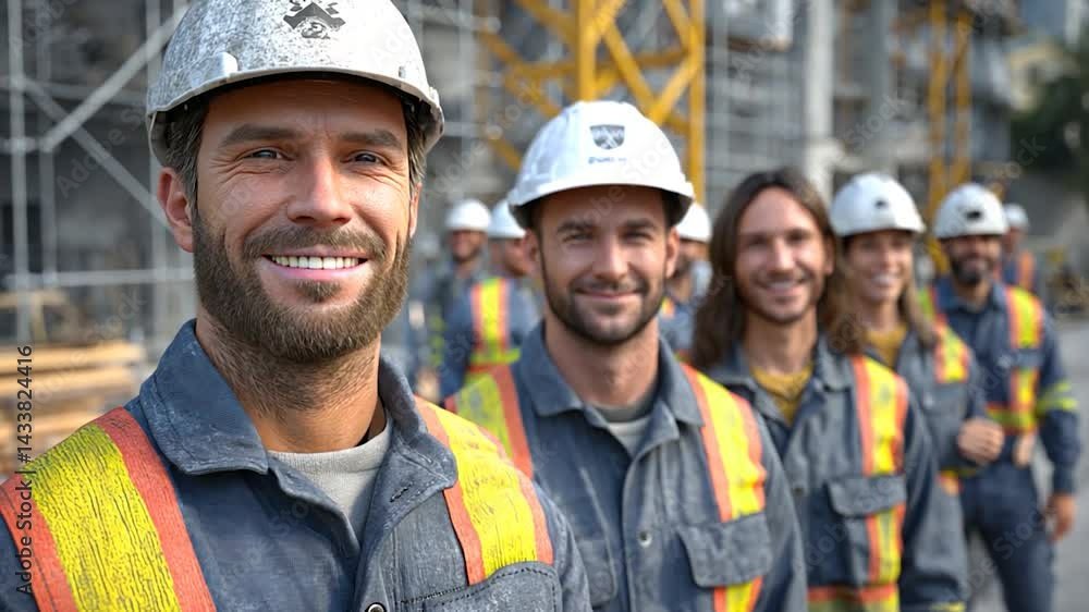 Workers smiling in safety gear on construction site, outdoors Workers smiling in safety gear on construction site, outdoors