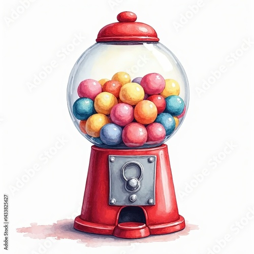 Classic Red Gumball Machine Filled with Colorful Gumballs, Sweet Candy Treat, Nostalgia, Retro Watercolor Illustration