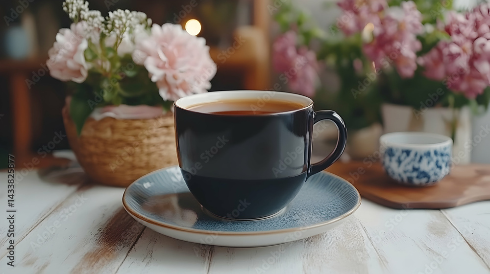 Warm Tea in Black Mug with Flowers on Table Warm Tea in Black Mug with Flowers on Table