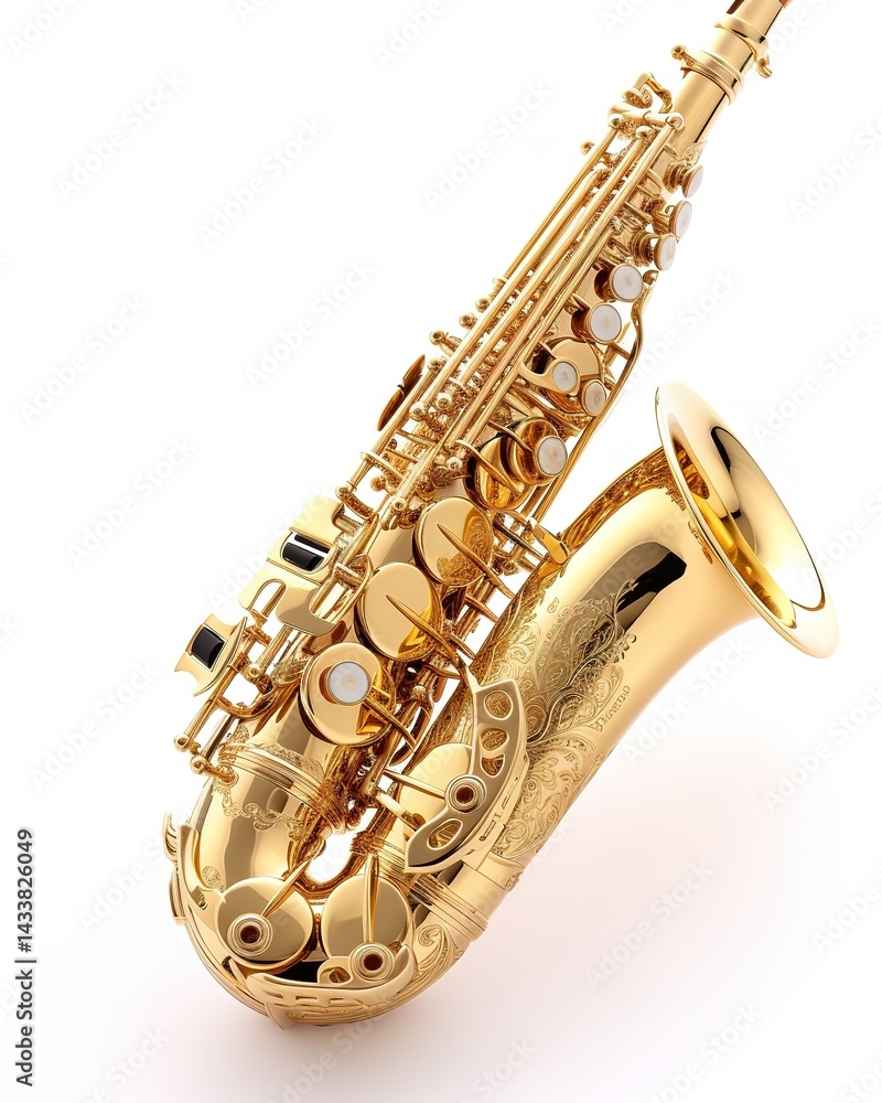 Fototapeta premium Shiny soprano saxophone lying on white background. Ai generative