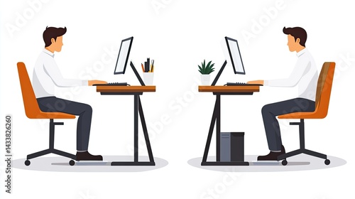 A man in a light blue shirt sits at a modern desk, focused on typing on a keyboard.