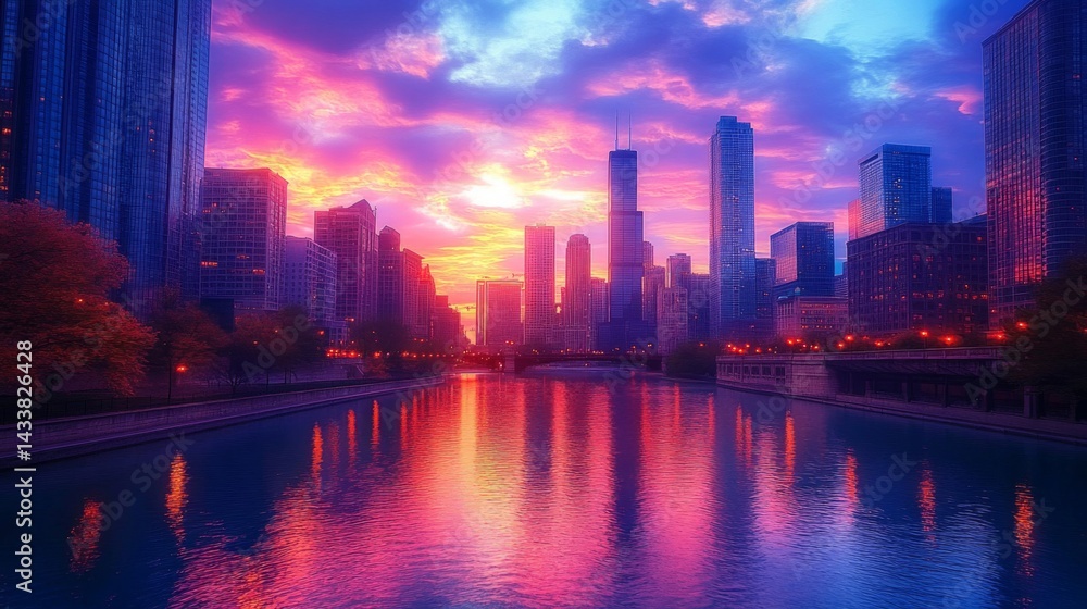 Fototapeta premium Vibrant City Skyline at Sunset with River Reflection