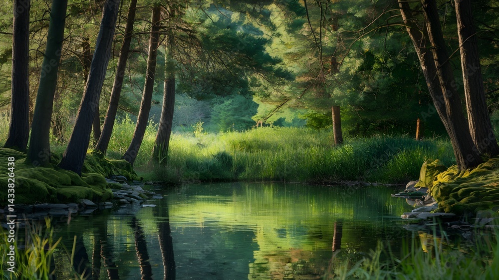 A serene forest landscape with calm water reflecting the trees. The scene evokes a sense of tranquility and peace. The natural light and vibrant green create a beautiful atmosphere A serene forest landscape with calm water reflecting the trees. The scene evokes a sense of tranquility and peace. The natural light and vibrant green create a beautiful atmosphere