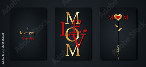 Happy Mothers day lettering set black card. Gold and Red texture. Luxury holiday poster with text. Concept for mother's day banner, flyer, party invitation, gift shop, vector vertical templates