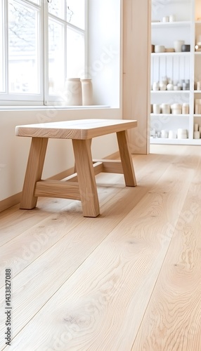 Simple wooden bench sits on light wood floor near window and shelves