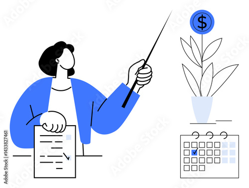 Professional presenting strategy with a checklist, calendar, and a growing money plant. Ideal for financial planning, investment tips, productivity, success, growth, leadership flat simple metaphor
