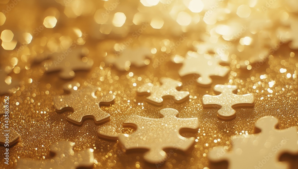 Gold glitter background with scattered puzzle pieces Gold glitter background with scattered puzzle pieces