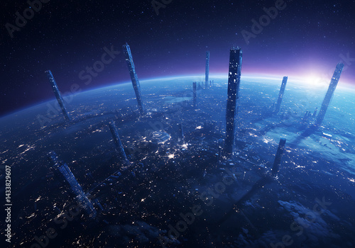 Stunning Futuristic Cityscape: Space Elevators & Earth's Glow