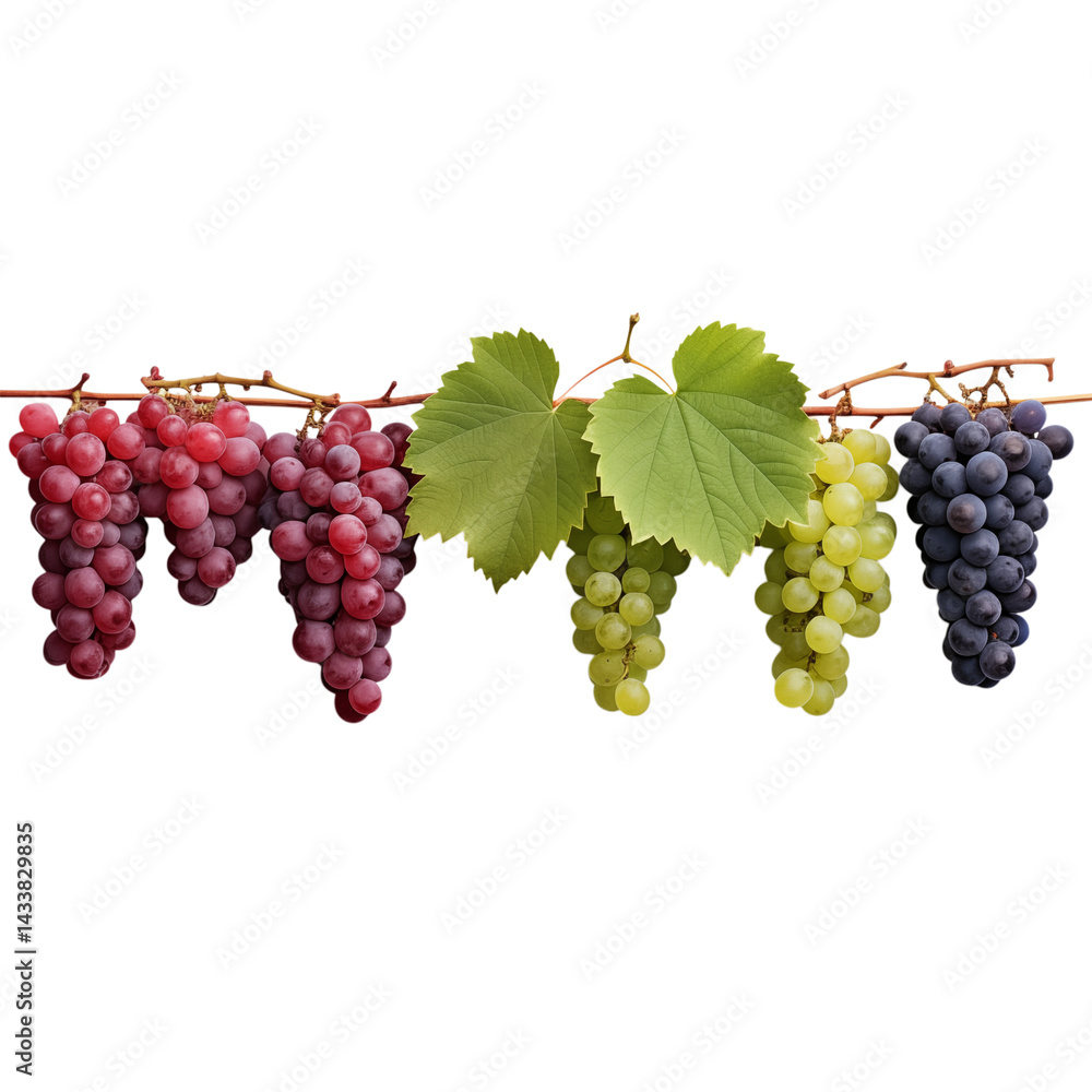 Fototapeta premium A horizontal view of different varieties of grapes hanging from a vine with green leaves png