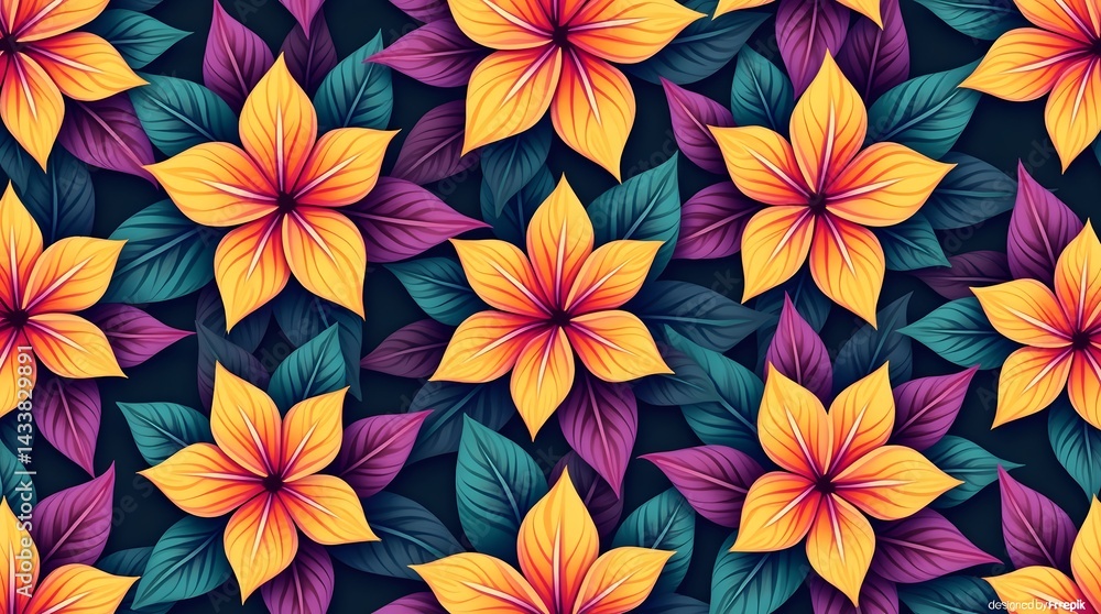 Vibrant floral pattern with yellow and orange flowers, set against a dark background with teal and purple leaves. Ideal for backgrounds, textiles, and decorative prints. Vibrant floral pattern with yellow and orange flowers, set against a dark background with teal and purple leaves. Ideal for backgrounds, textiles, and decorative prints.