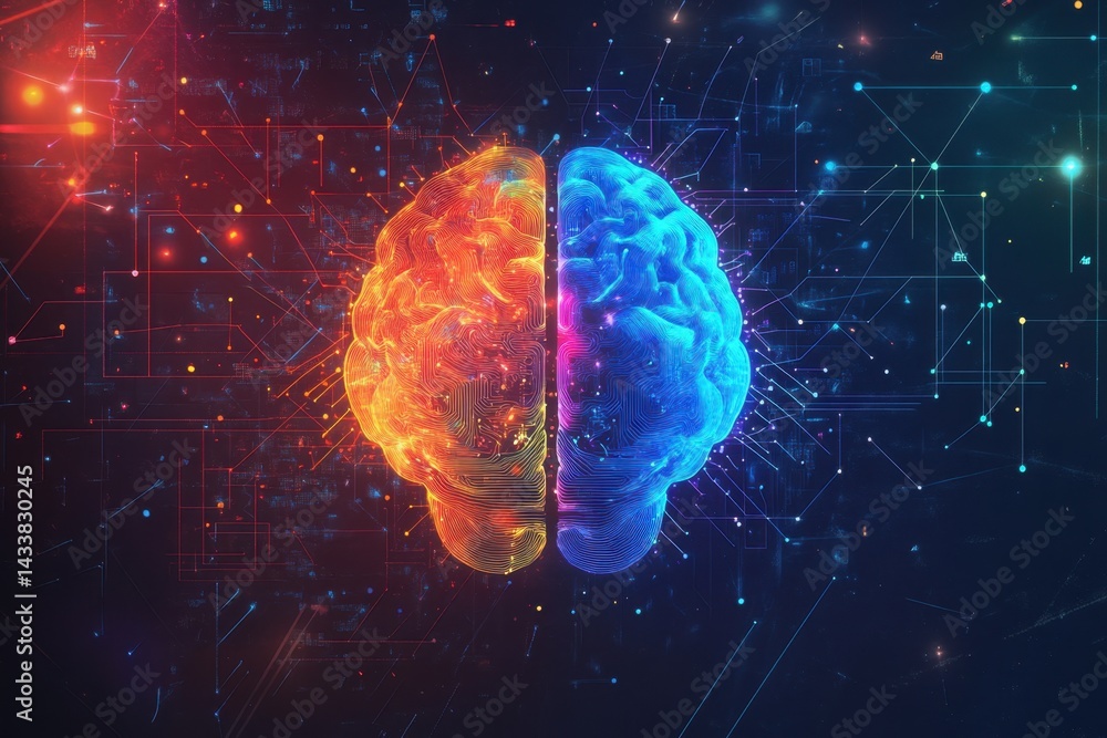 A visually striking depiction of a brain, highlighting its duality with fiery and icy halves. A visually striking depiction of a brain, highlighting its duality with fiery and icy halves.