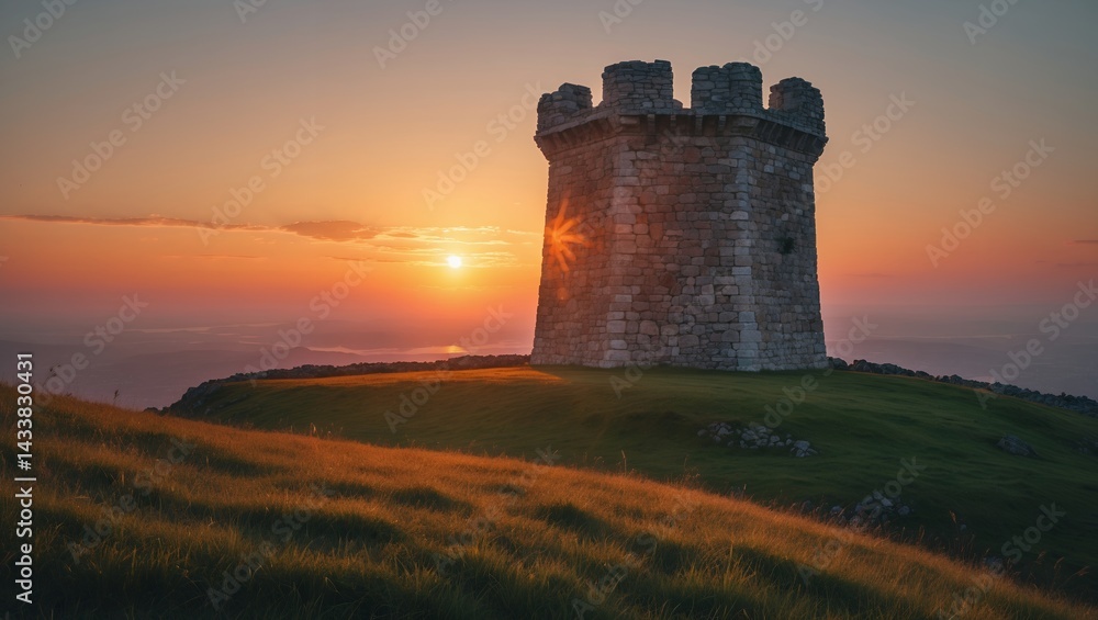 Ancient tower glowing in sunset's warm embrace Ancient tower glowing in sunset's warm embrace
