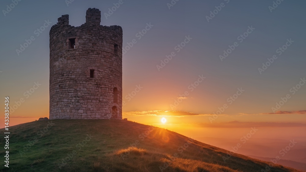 Ancient tower bathed in golden sunset glow Ancient tower bathed in golden sunset glow