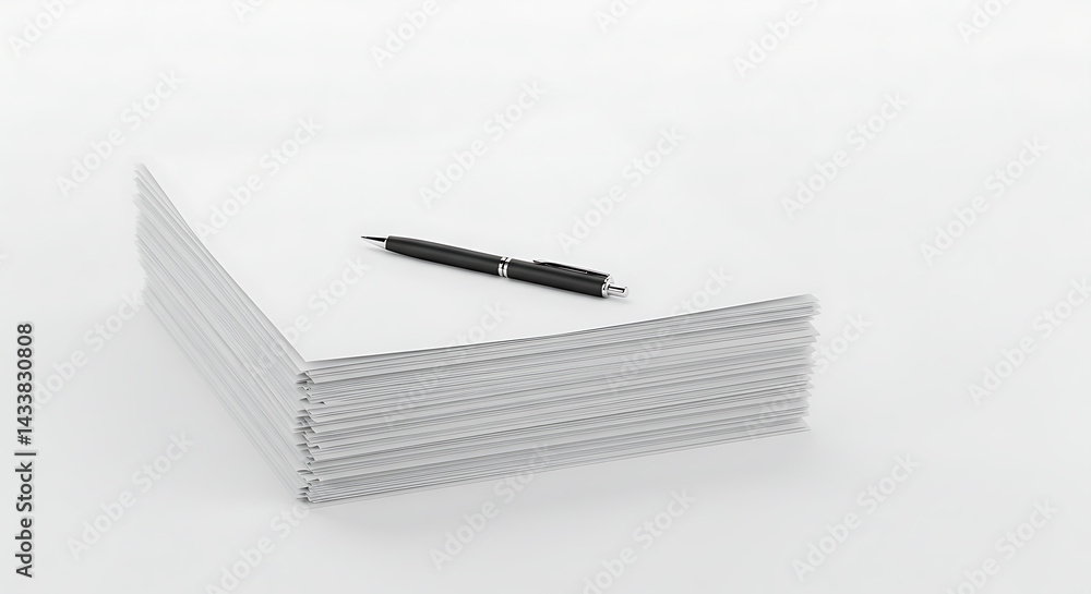 Naklejka premium Stack of Business Documents with Pen Isolated on White Background – Studio Office Concept