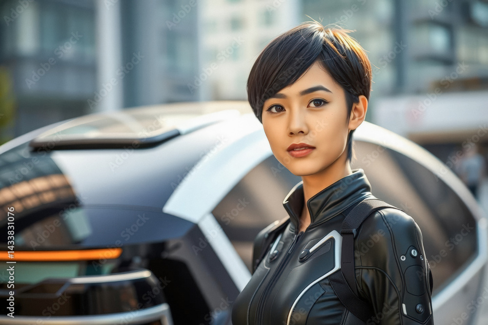 Stylish Woman in Futuristic Jacket in Front of a Modern Vehicle