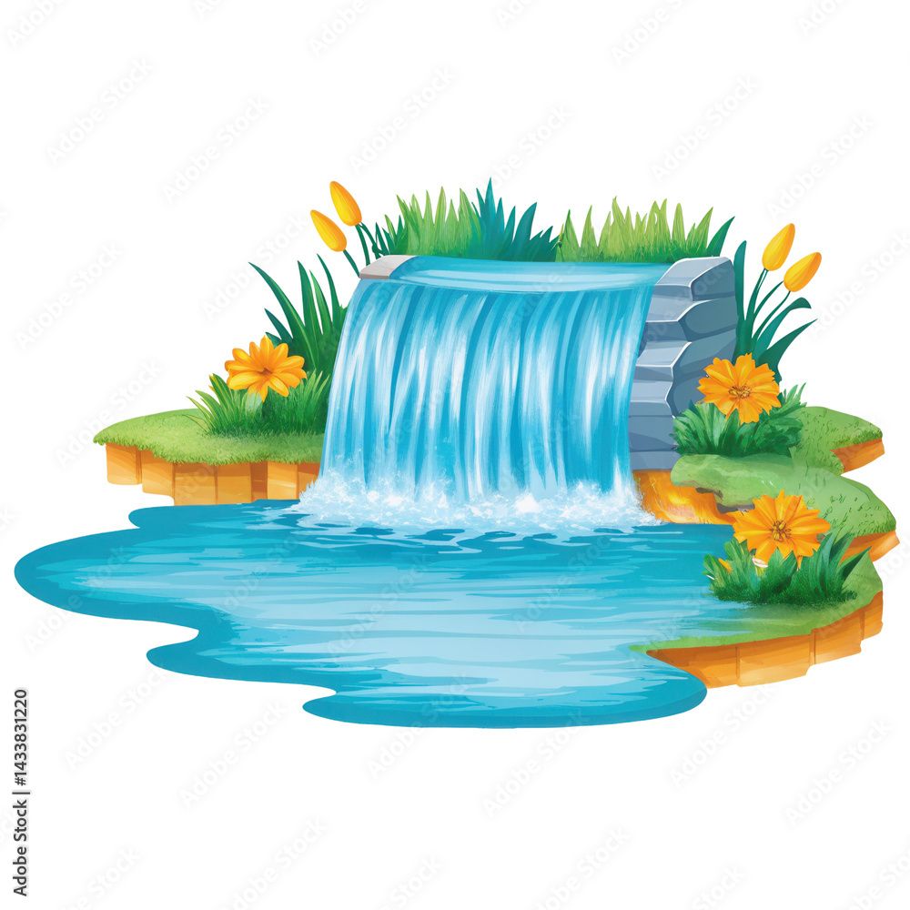 Waterfall with blue water flowing into pond surrounded by green grass and yellow flowers