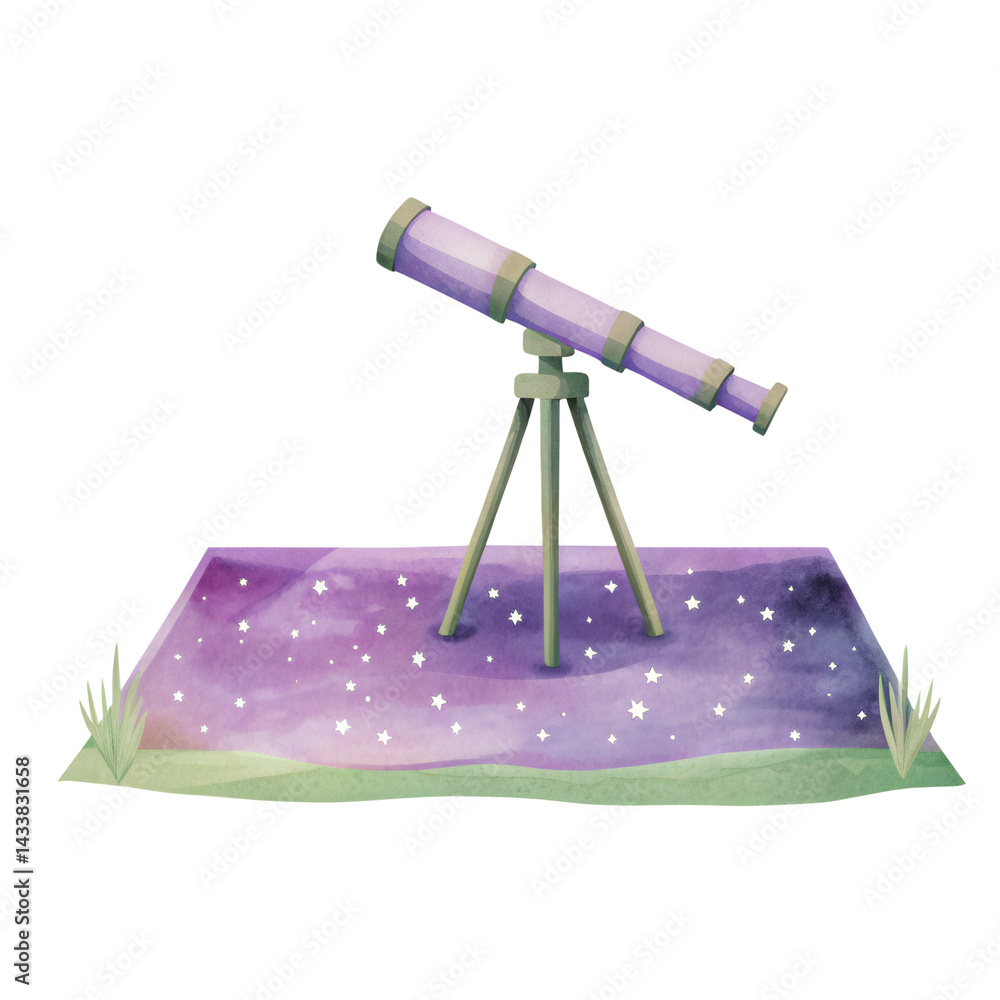 Telescope on tripod with starry night sky background and grass on sides