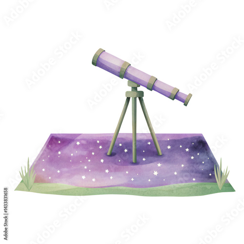 Obraz na płótnie Telescope on tripod with starry night sky background and grass on sides w salonie
