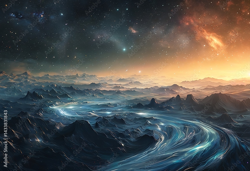 Fototapeta premium a swirling, luminous river cuts through a vast, mountainous alien landscape beneath a vibrant, star-filled sky.