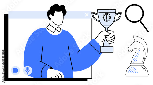 Person holding trophy emerging from screen, chess piece, and magnifying glass. Ideal for achievement, leadership, strategy, competition, online communication digital learning innovation. Flat