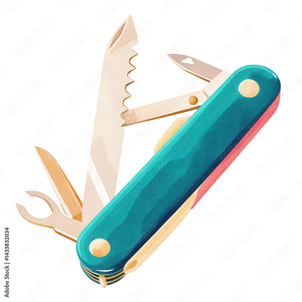 Multifunctional pocket knife with teal handle and various tools for outdoor use