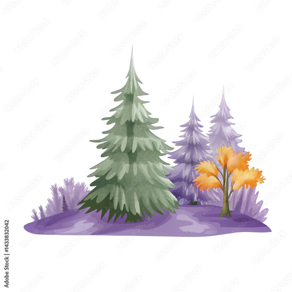 Watercolor style forest with green pine and orange autumn tree on purple ground