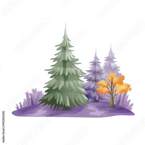 Obraz na płótnie Watercolor style forest with green pine and orange autumn tree on purple ground w salonie