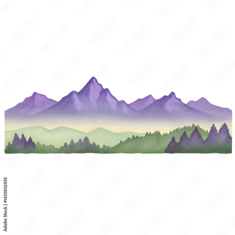 Purple mountain range with green forest and misty atmosphere in watercolor style