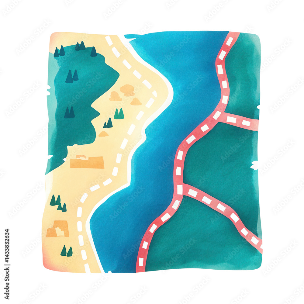Colorful map illustration showing roads, water, and forest areas in playful style