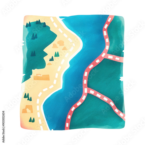 Obraz na płótnie Colorful map illustration showing roads, water, and forest areas in playful style w salonie