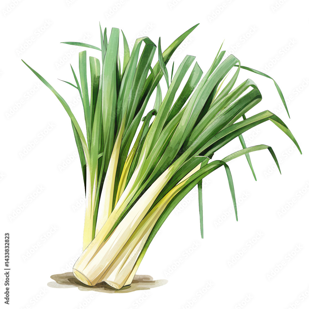 Fresh green leek vegetable with long leaves and white stalks isolated on white