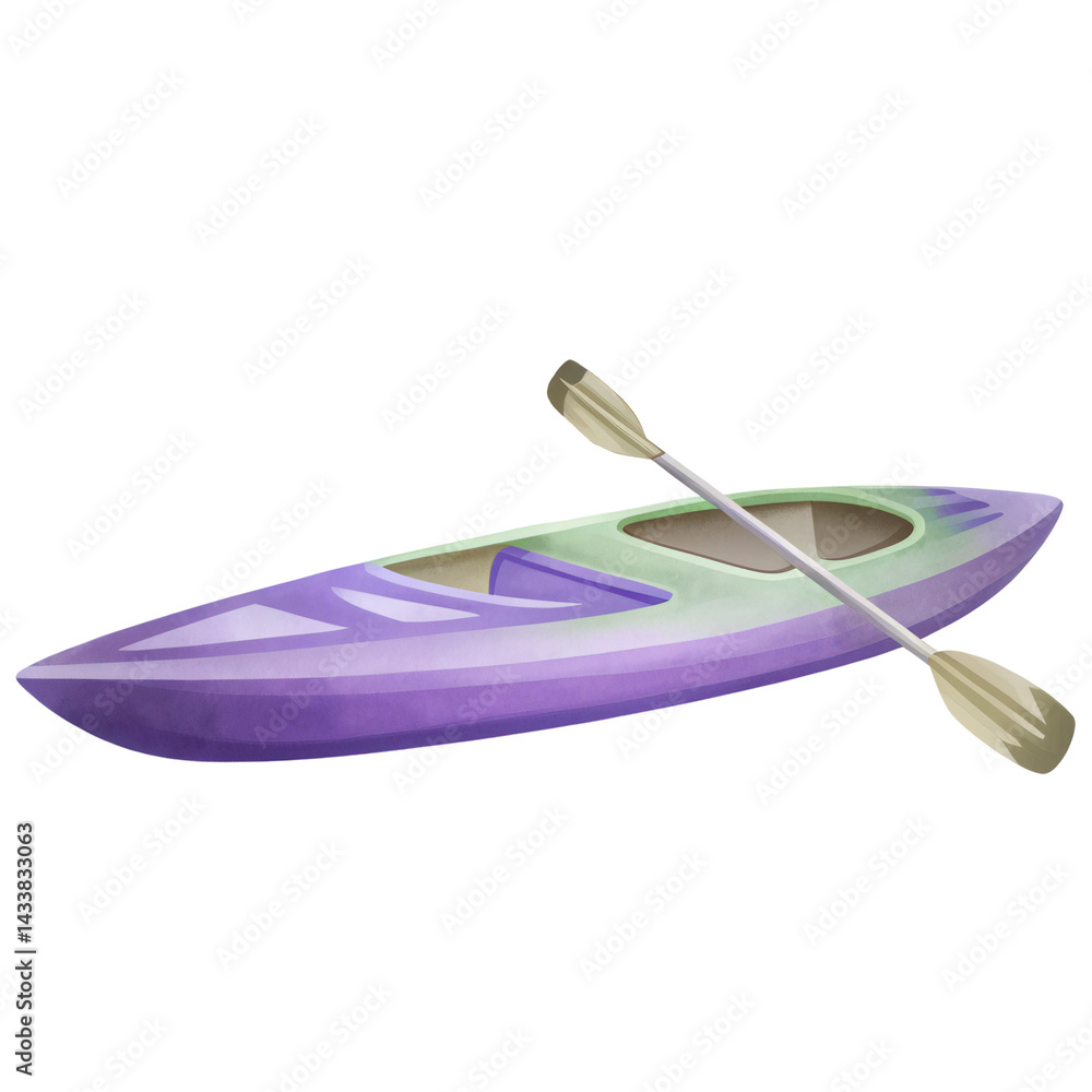 Kayak with paddle in purple and green colors isolated on transparency background