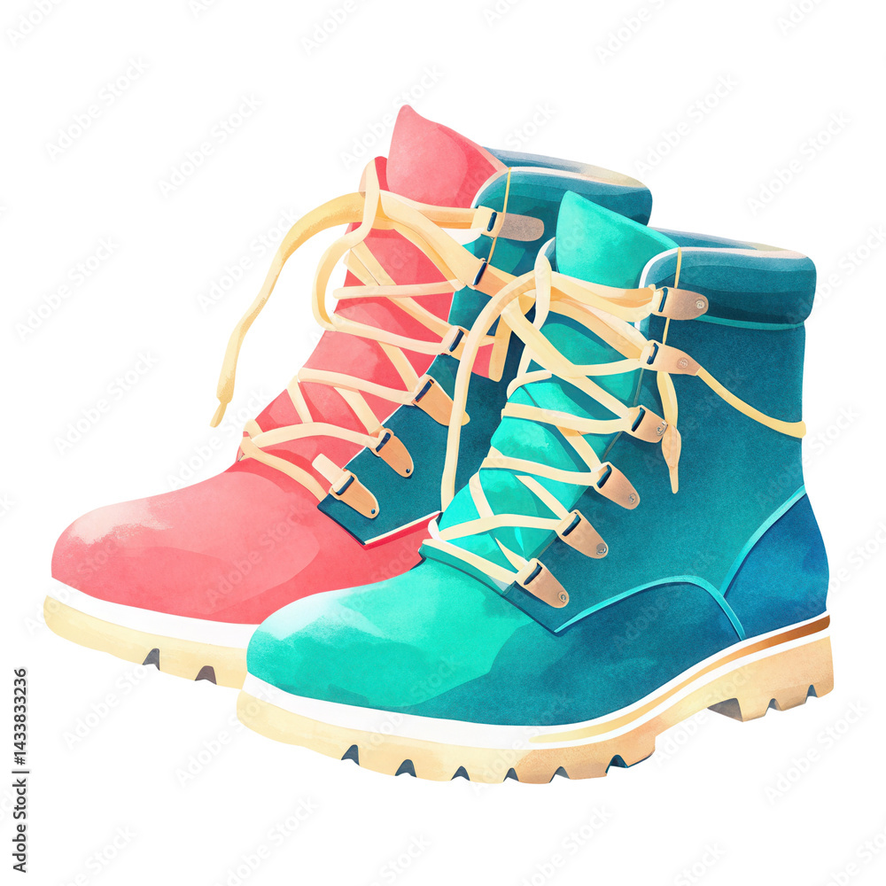 Colorful hiking boots with laces, one pink and one teal, designed for outdoor adventure