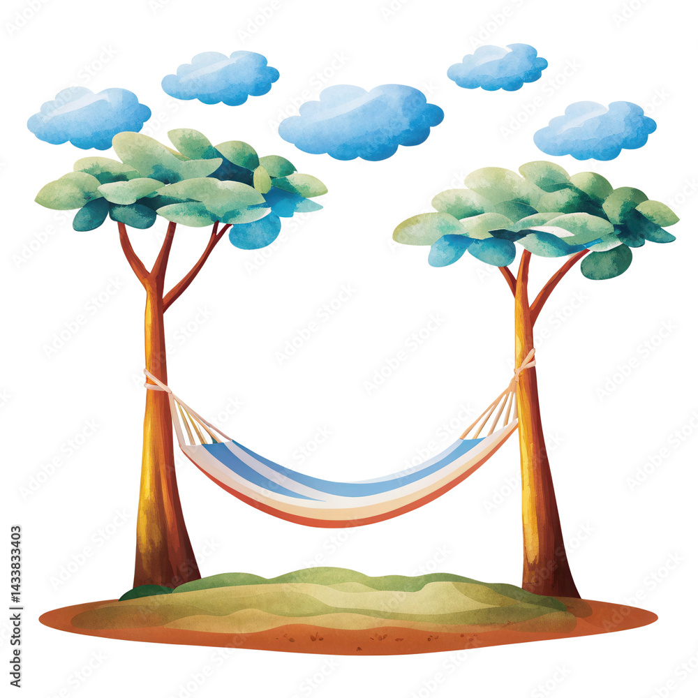 Hammock tied between two trees with green leaves and blue clouds above on grassy ground